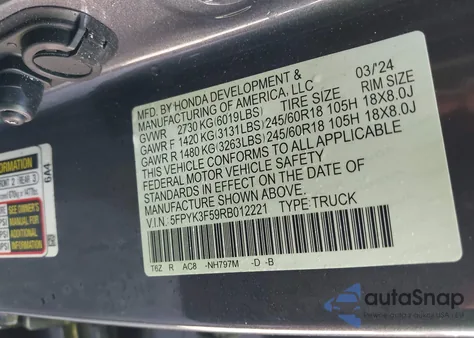 2024 Honda Ridgeline Rtl z USA, uszkodzony, nr VIN 5FPYK3F59RB012221